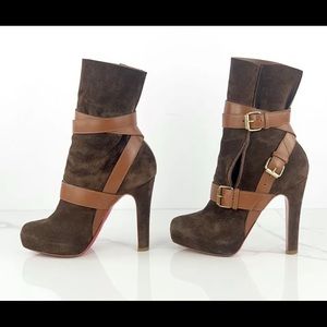 CHRISTIAN LOUBOUTIN size 37 Guerriere 120 Ankle Boots Brown Suede Belt Heels